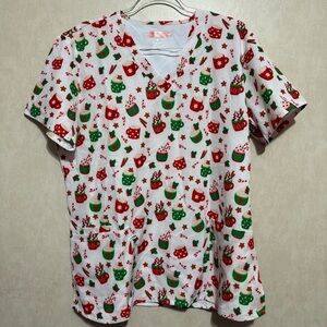 Elite Med Performance Red Green Christmas Hot Chocolate Scrub Top